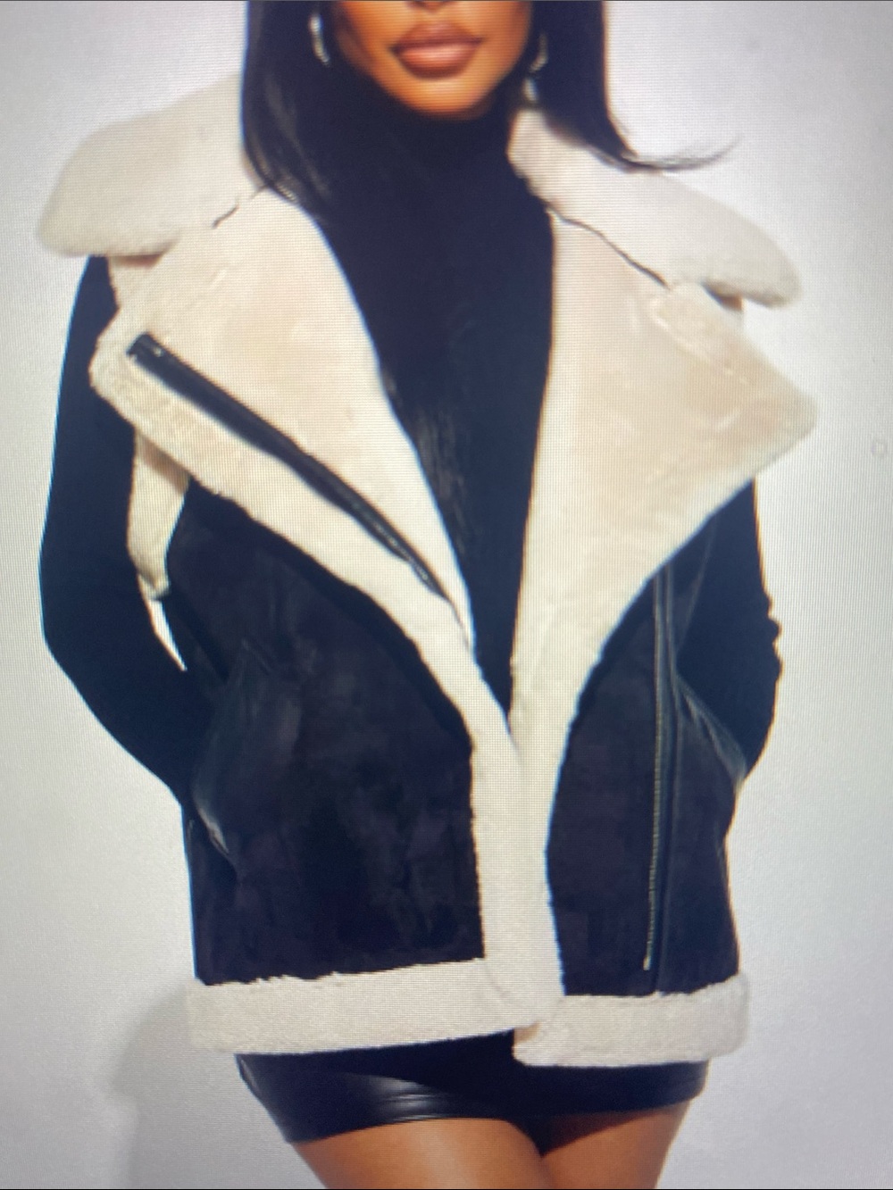 Fashion Nova Black & Cream Faux Shearling Moto Vest